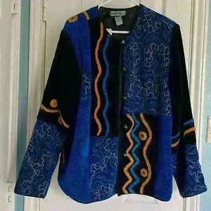 Indigo Moon Blue Vintage Tapestry Art Deco Abstract Jacket Heavy  size large